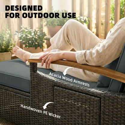 Gray rattan outdoor daybed with acacia wood armrests and woven PE wicker frame