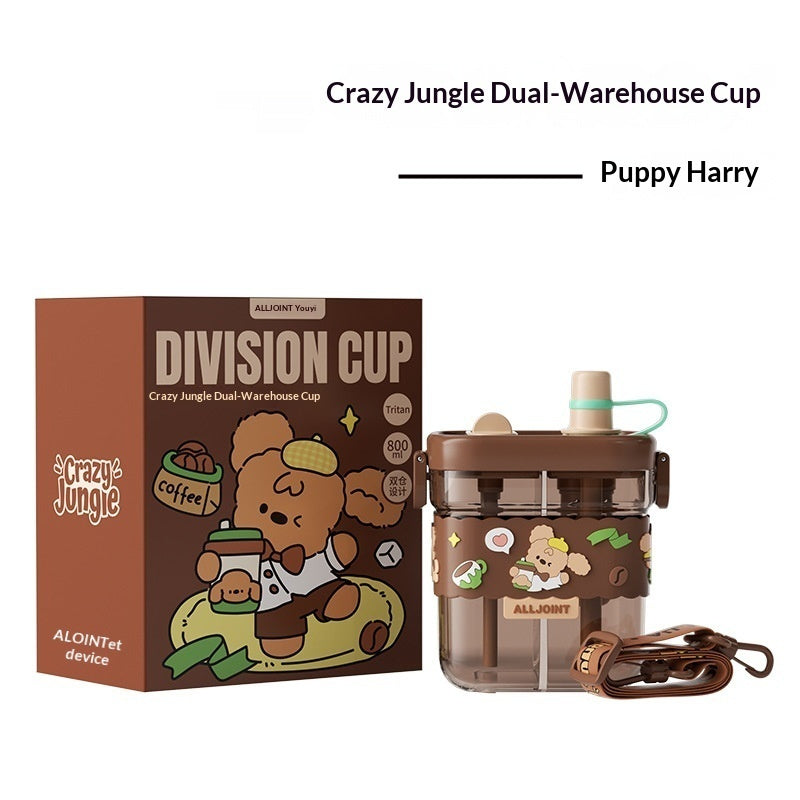 Brown kids dual-chamber straw water bottle with puppy cartoon, green straw lid