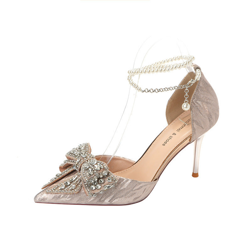 Rhinestone Bow Pearl Heels - Elegant & Glamorous Rhinestone Bow Pointy Hollow Pearl Heels | Ectron Online