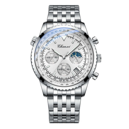 Men's chronograph watch with white dial, blue accents, and silver metal bracelet