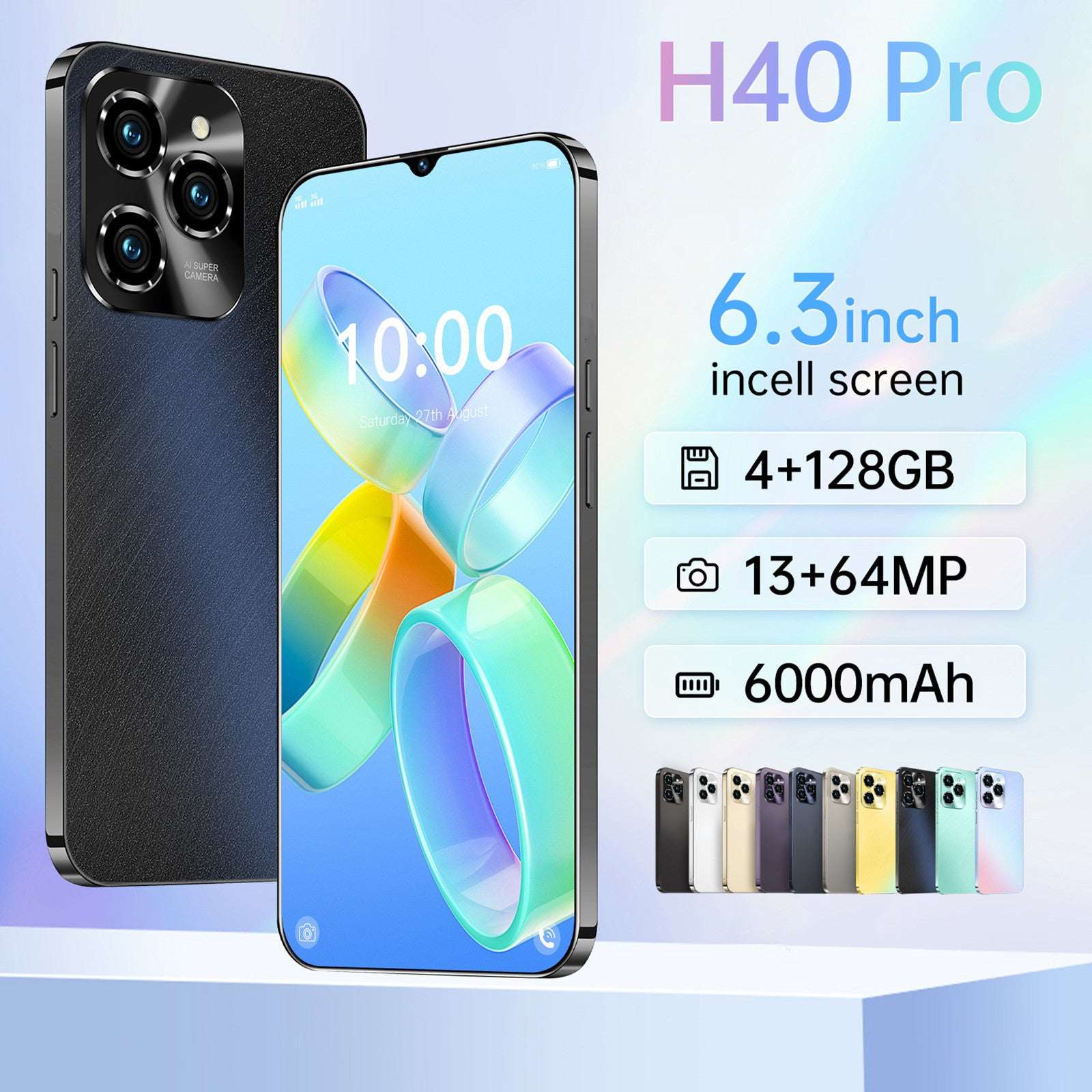 Unlocked smartphone with dark back, dual rear cameras, 6.3-inch touchscreen.