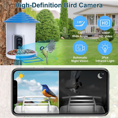 White and blue smart bird feeder with HD camera and solar panel, shown with night-vision view.