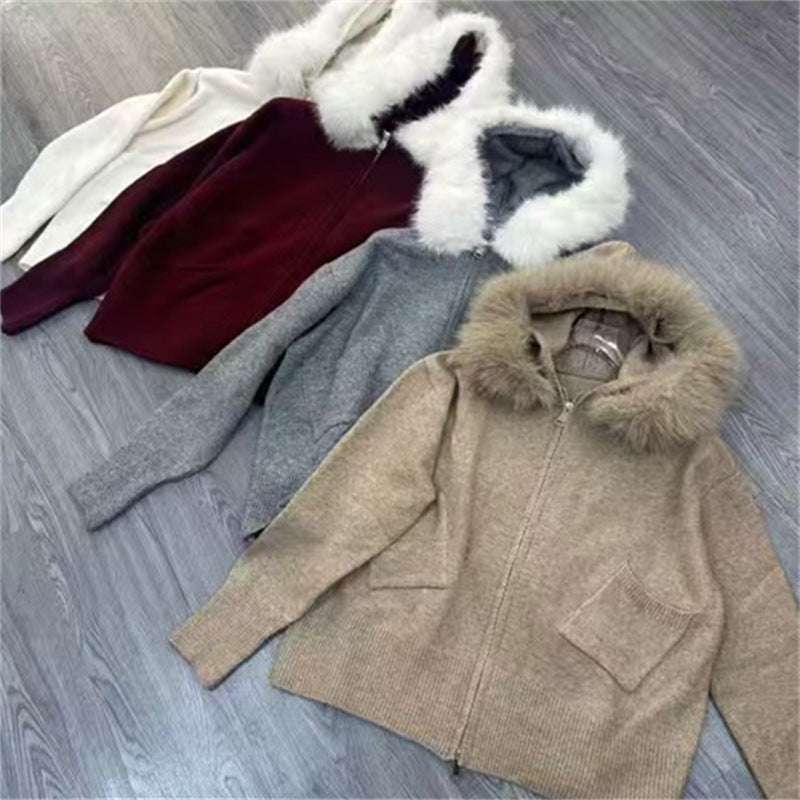 Maillard Coffee Color Hooded Sweater Coat - Casual Style Maillard Coffee Color Fur Collar Hooded | Ectron Online