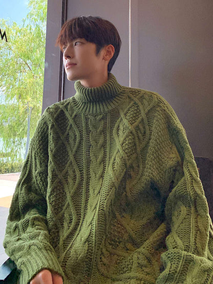Olive green knit turtleneck sweater with textured cable diamond pattern