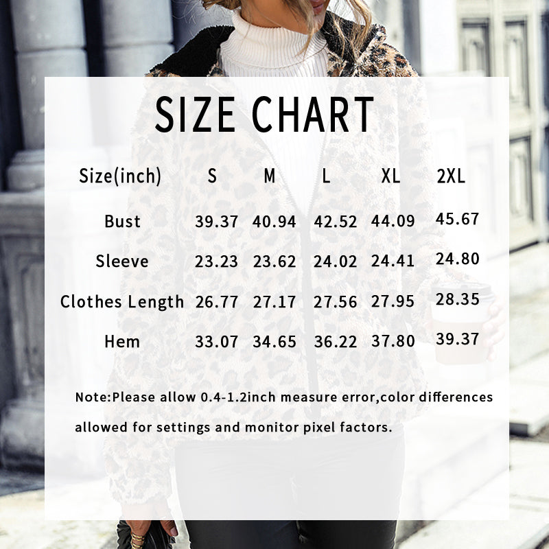 Size chart overlay on a blurred background with a person wearing a coat.