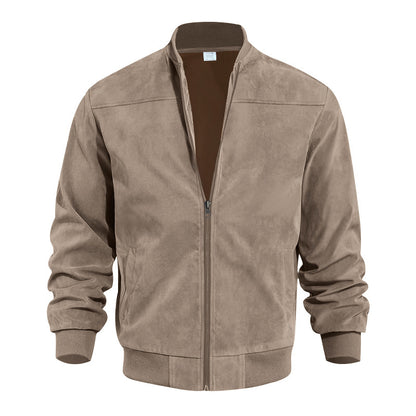Men’s suede retro jacket in taupe, full-zip front with stand collar and ribbed cuffs.