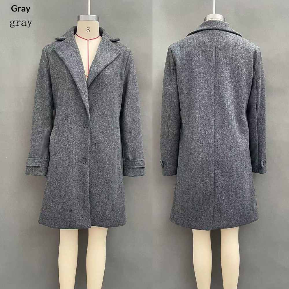 Gray mid-length lapel coat on mannequin, button-front with side pockets