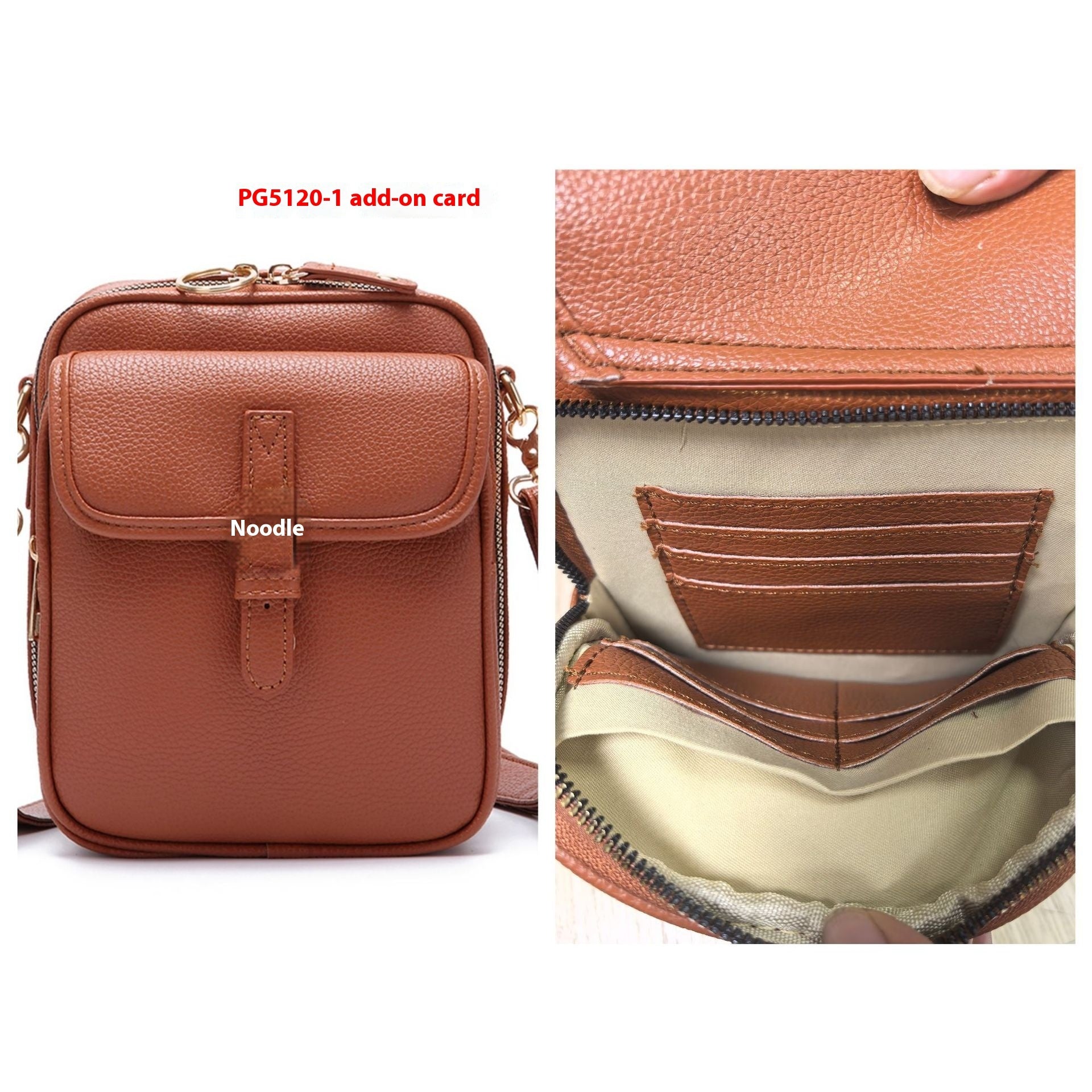 Tan pebbled leather-look messenger bag with front flap and card slots inside