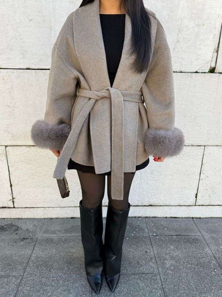 Furry Sleeves Long Coat - Elegant Warm Overcoat Style Furry Sleeves Overcoat Long Coat | Ectron Online