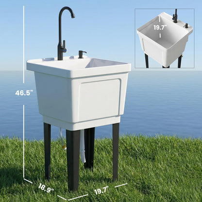 White freestanding utility sink with black gooseneck faucet and large basin