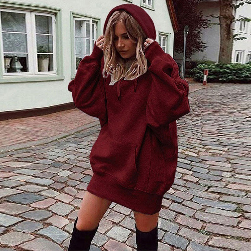 Women’s burgundy fleece pullover hooded sweatshirt with kangaroo pocket and drawstring