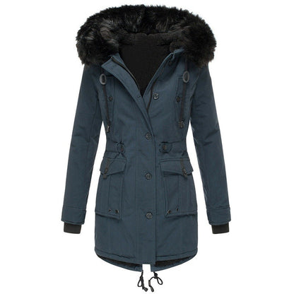 Thick Hooded Drawstring Mid-length Cotton Zipper Coat Jacket