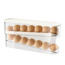Clear plastic egg holder with brown eggs on a white background