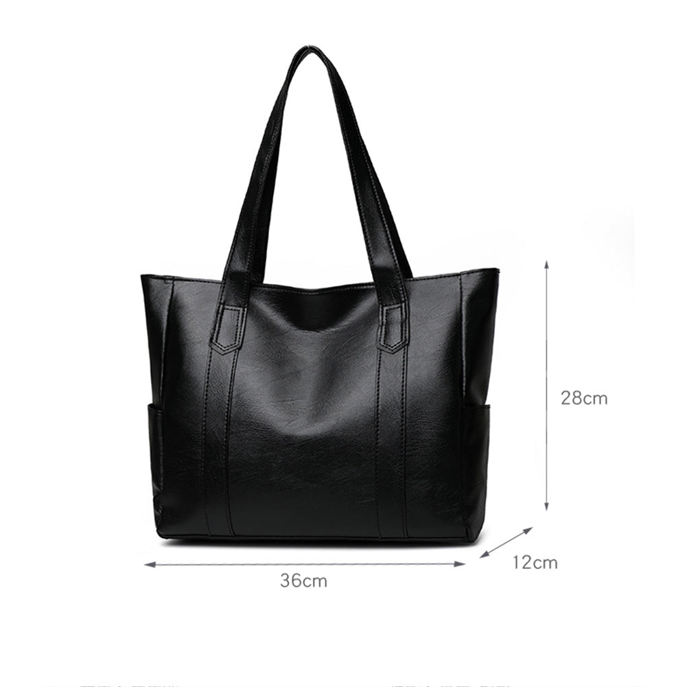 Large black leather tote bag with double handles and width/height measurements shown
