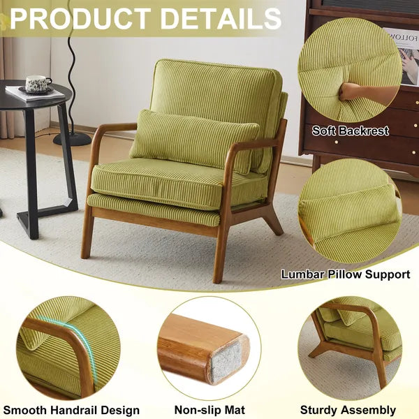 Olive green corduroy low arm chair with lumbar support detail and wood armrests