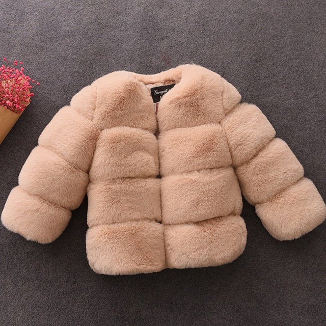 Kids faux fur coat, beige quilted puffer with front button closure and long sleeves
