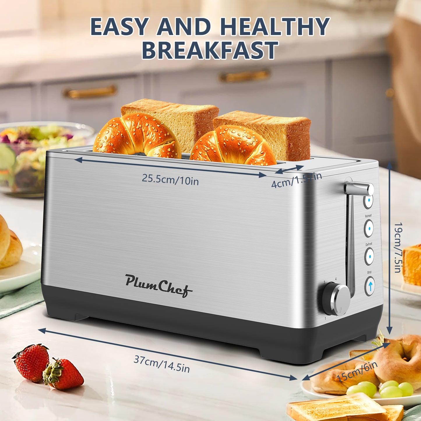 4-Slice Extra Wide Long Slot Toaster | Stainless Steel Silver Toaster