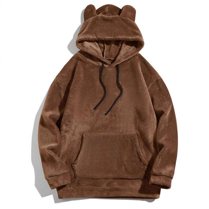 Brown fleece hoodie with bear-ear hood, front kangaroo pocket, drawstring ties