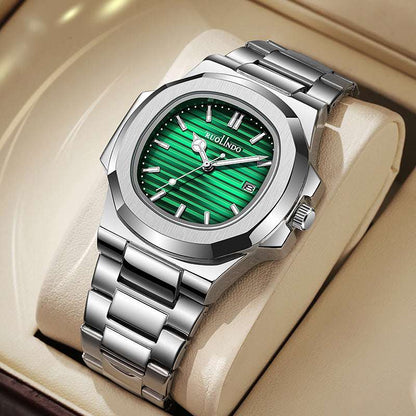 Stainless steel men's luminous watch with green dial, gold bezel accents and metal bracelet