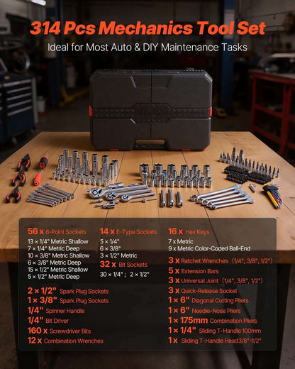 Mechanics tool set with metric sockets and wrenches laid out with case