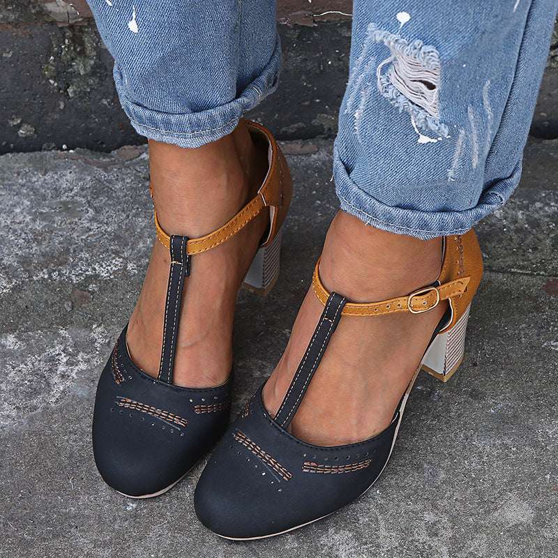 Vintage round head color matching T-strap sandals