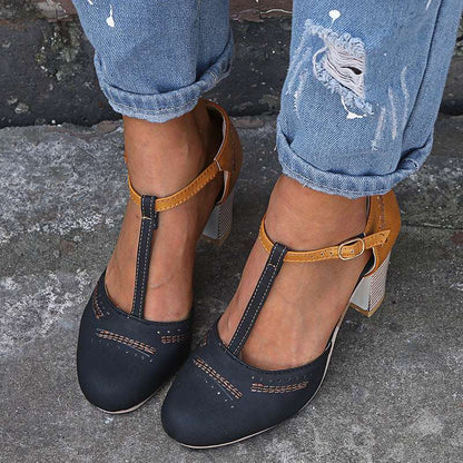 Vintage round head color matching T-strap sandals