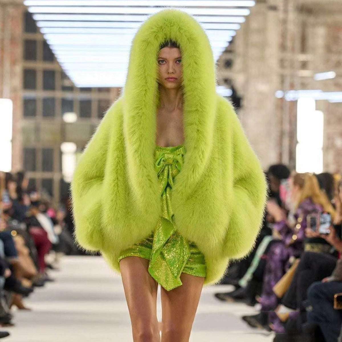 Neon green faux fur hooded coat with voluminous hood and open front.