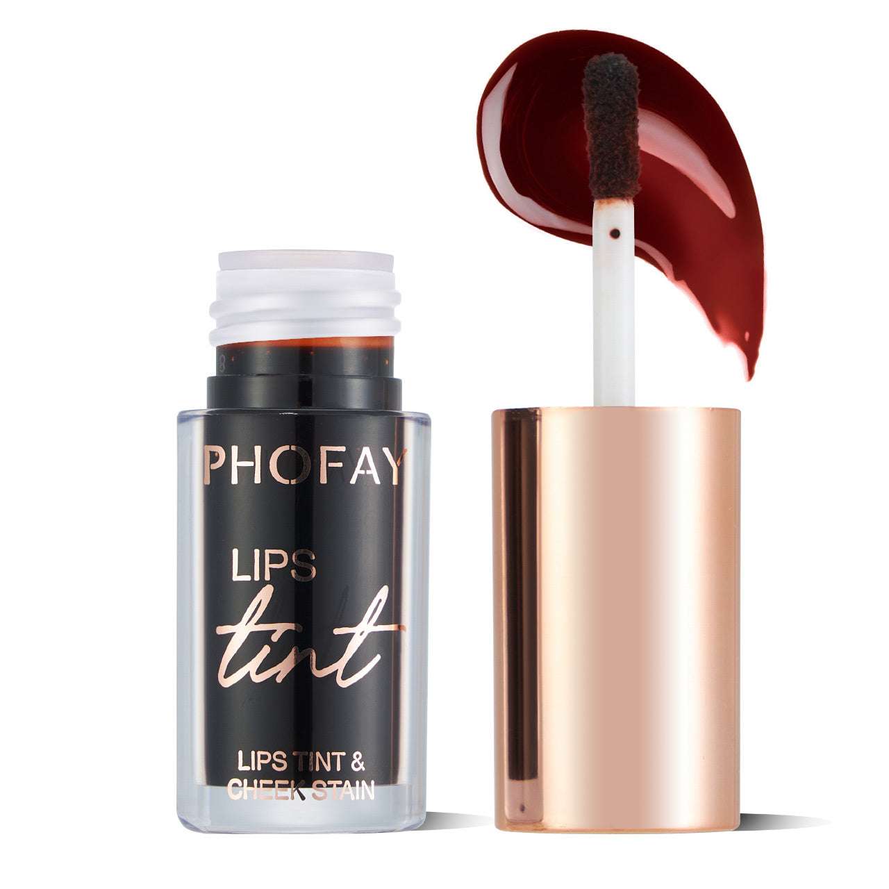 Lip tint bottle with doe-foot applicator and red tint swatch, rose-gold tube