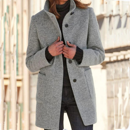 Women's Stand Collar Woolen Coat with Pockets | Casual Winter Jacket Fashion Stand Collar Woolen Coat With Po | Ectron Online