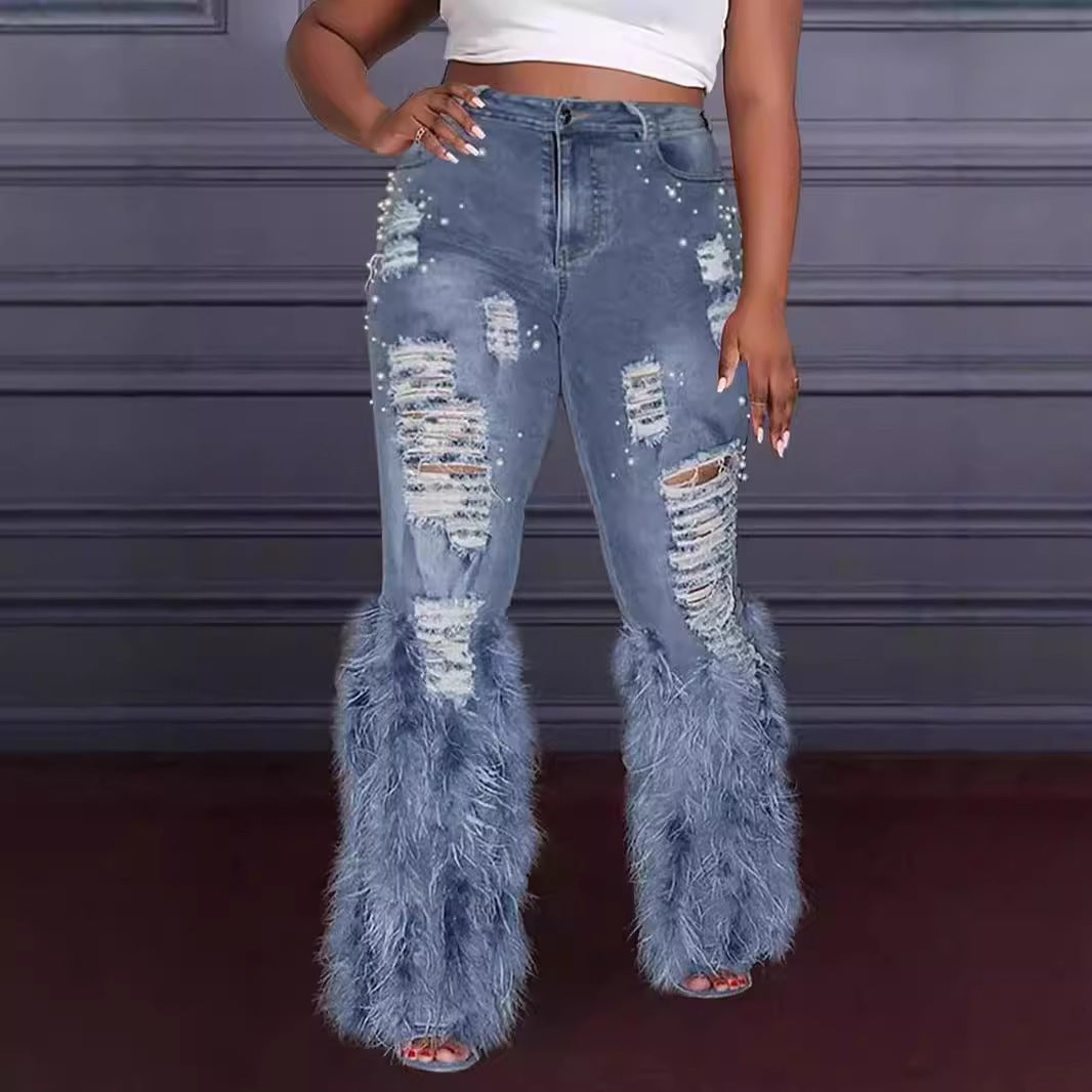 Artificial Wool Ripped Beaded Stretch Jeans