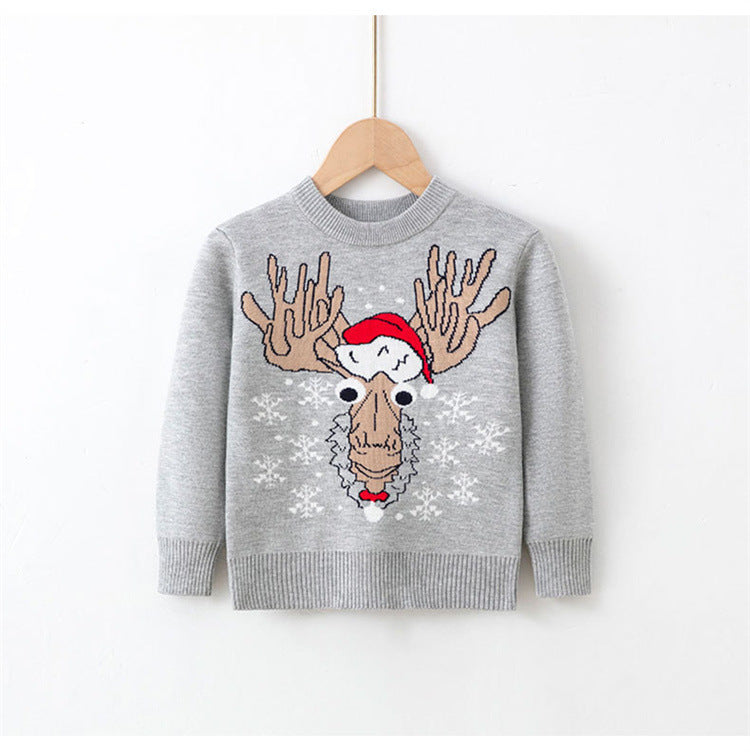 Children's Christmas sweater, light gray knit with reindeer, snowflakes, and elf hat