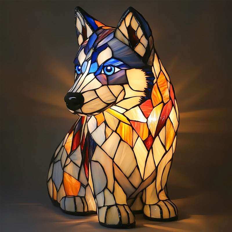 Colorful dog-shaped lamp with blue and orange mosaic finish, sitting posture facing left