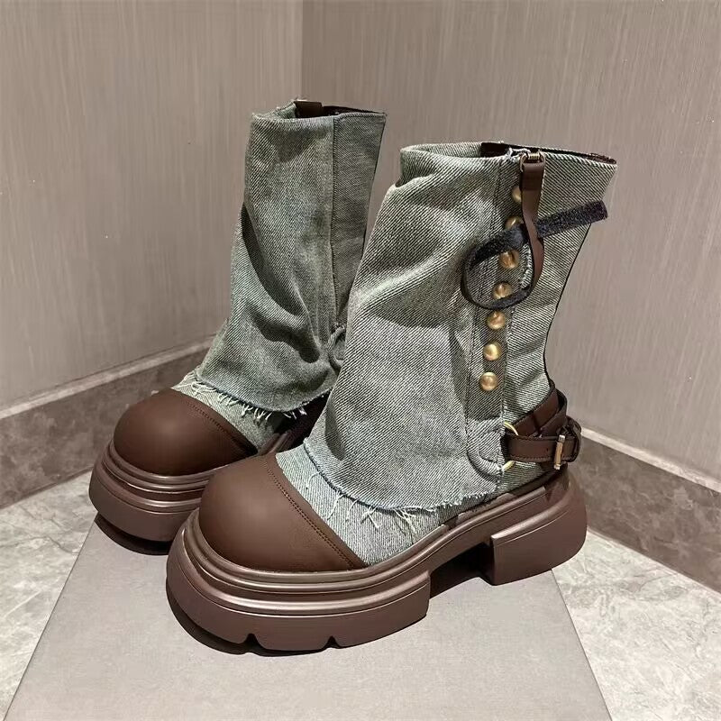 Women's Denim Ankle Boots - Metal Buckle Thick Bottom Casual Women's Shoes Denim Metal Buckle Ankle B | Ectron Online