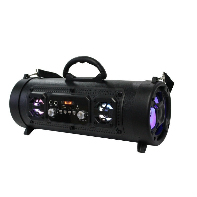 Portable Bluetooth speaker in matte black with front controls and purple-lit speaker grilles