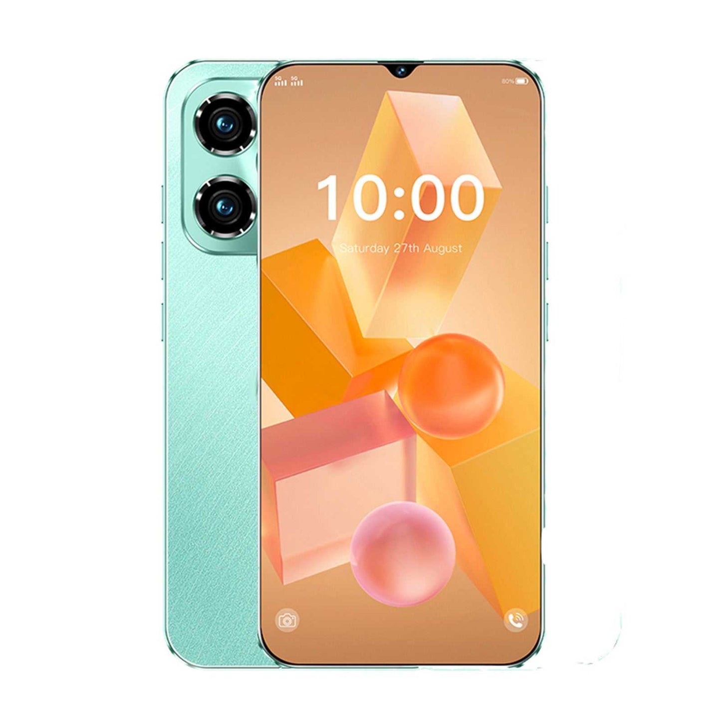 Teal unlocked smartphone with dual rear cameras and colorful 10:00 display