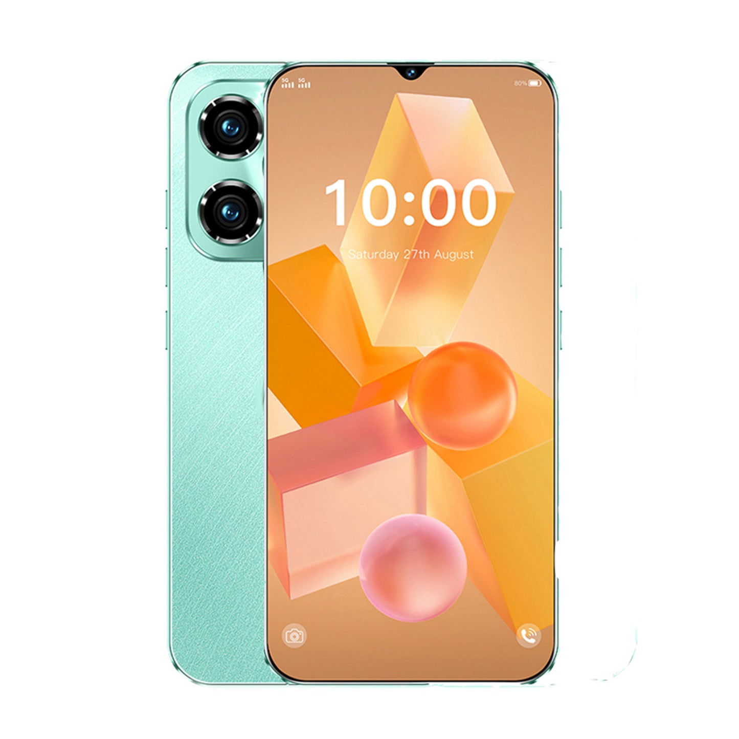 Unlocked smartphone with teal back and dual rear cameras, 6.3-inch display.