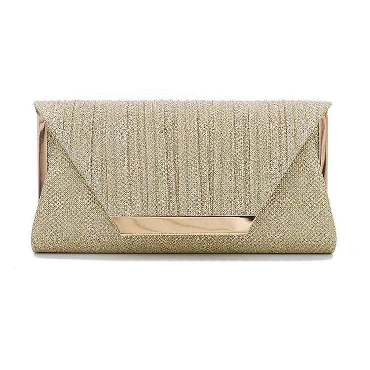 Light champagne glitter clutch bag with rectangular gold-tone clasp frame