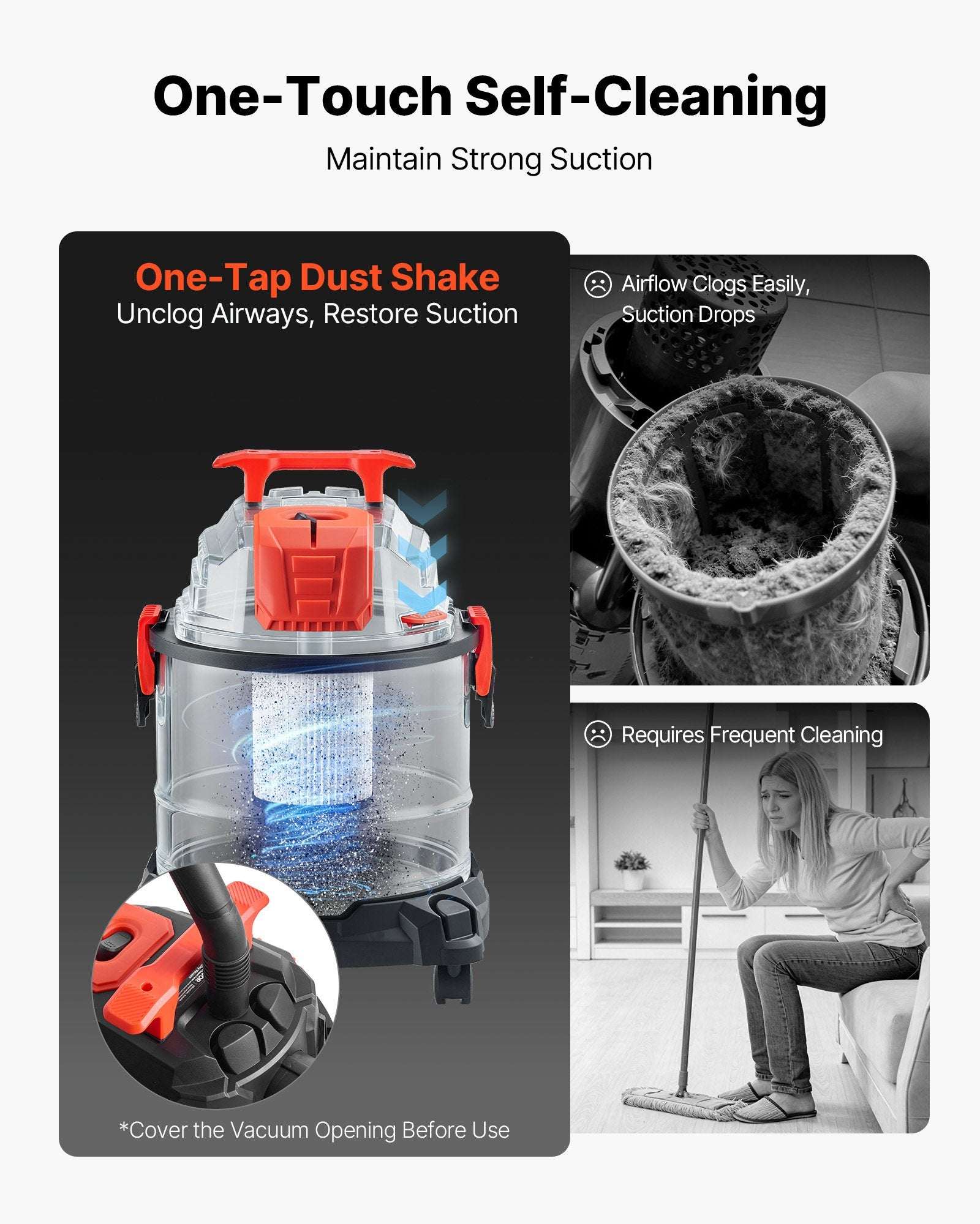 Wet/dry shop vacuum with clear dust bin and red top, one-touch shake