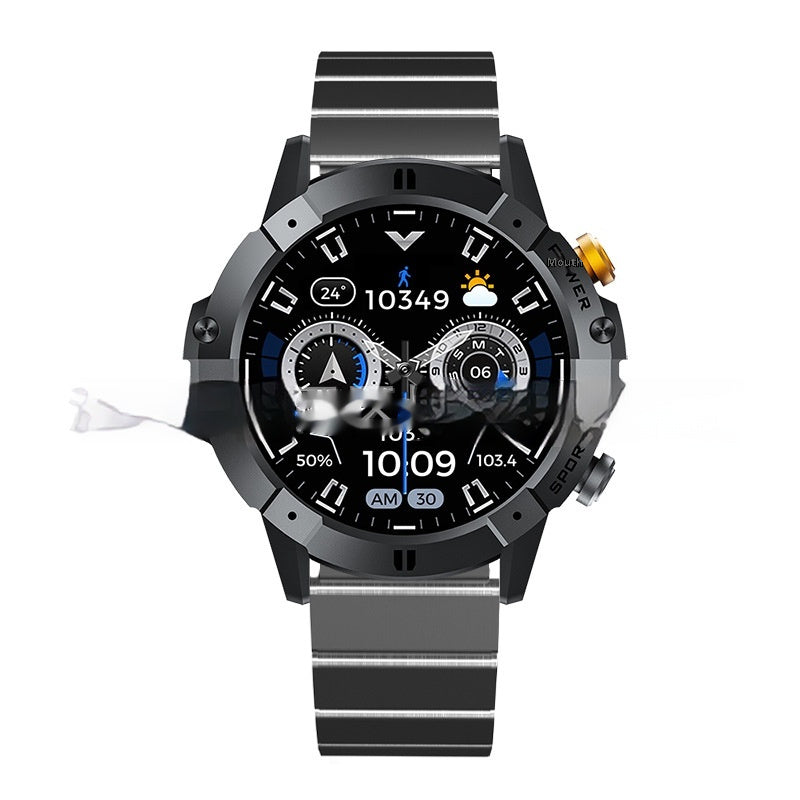 Black smartwatch with textured bezel and black metal striped link band, multicolor dial display