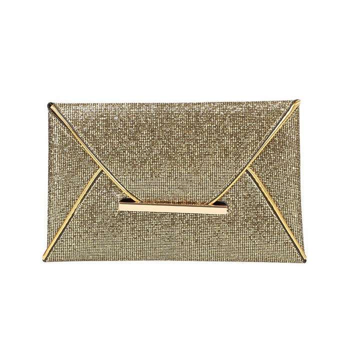 Champagne-gold sequin clutch with gold-tone fold-over flap and bar clasp