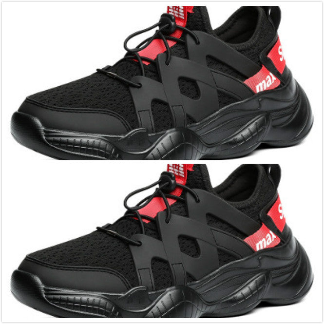 Breathable Blade running sneaker, black mesh upper with red side heel pull tab
