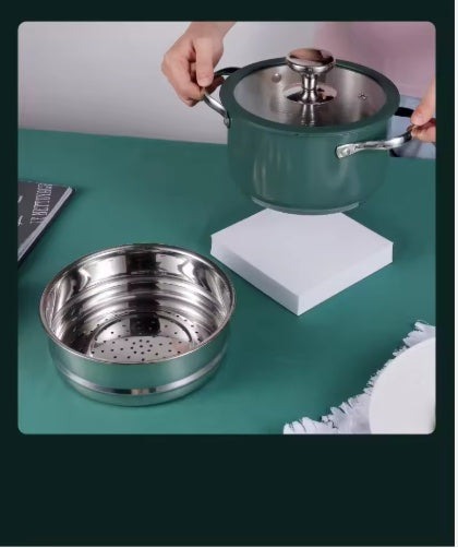 9 Pcs Green Stainless Steel Ceramic Coated Cookware Set with Steamer