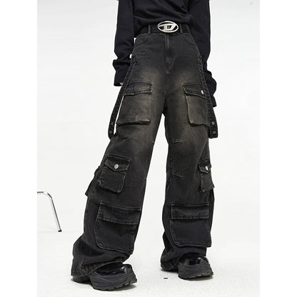 Men's Multi-Pocket Vintage Wide Leg Jeans - Classic Retro Denim Style Multi Pocket Vintage Wide Leg Jeans For | Ectron Online