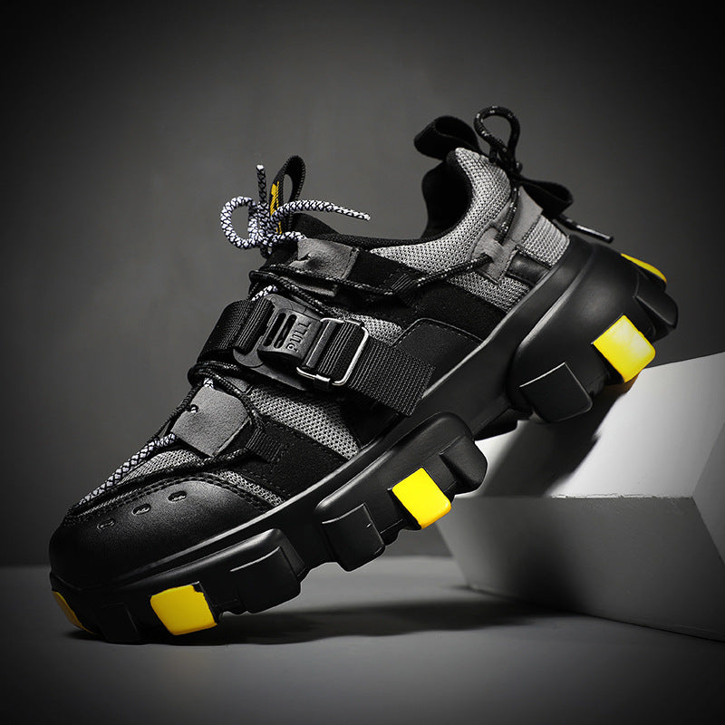 Men's casual sneaker, black with yellow accents and textured sole