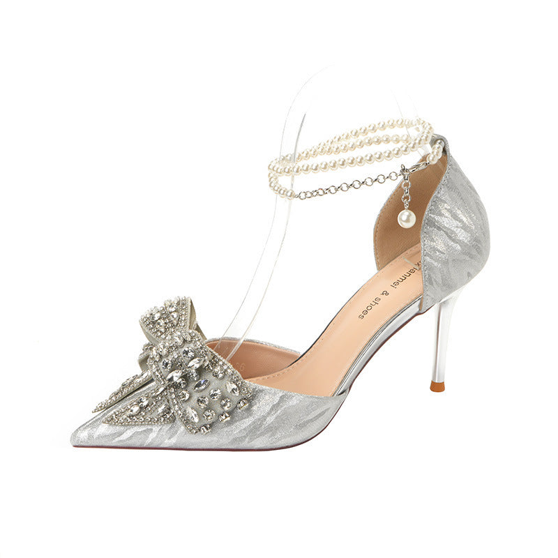 Rhinestone Bow Pearl Heels - Elegant & Glamorous Rhinestone Bow Pointy Hollow Pearl Heels | Ectron Online