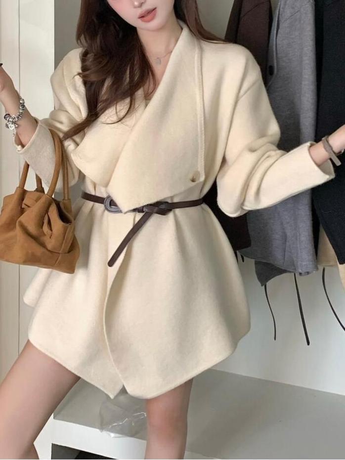 Ivory irregular-lapel knitted cardigan with belt tie, long sleeves, open front