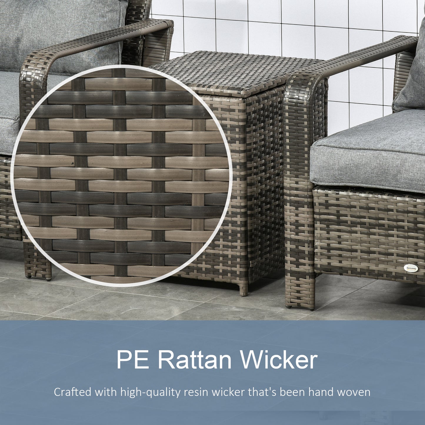 Woven resin wicker chair arm and seat with gray cushion