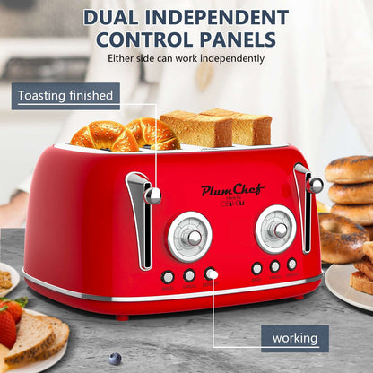 Red 4-slice toaster with two control dials and toast pieces visible in the slots