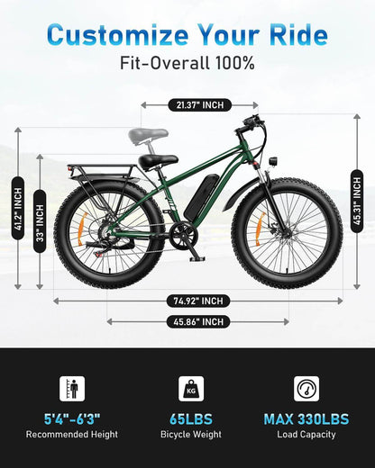 Green electric fat tire bike sizing diagram with seat, front headlight, and thick tires