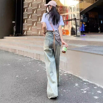 Retro Cement Yellow Straight Wide-leg Jeans For Women Spring And Summer New Loose Slim High Waist Drape Long Pants